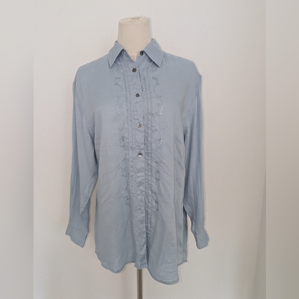 Laura Ashley Vintage 100% Linen Blue Embroidered Oversized Button Up